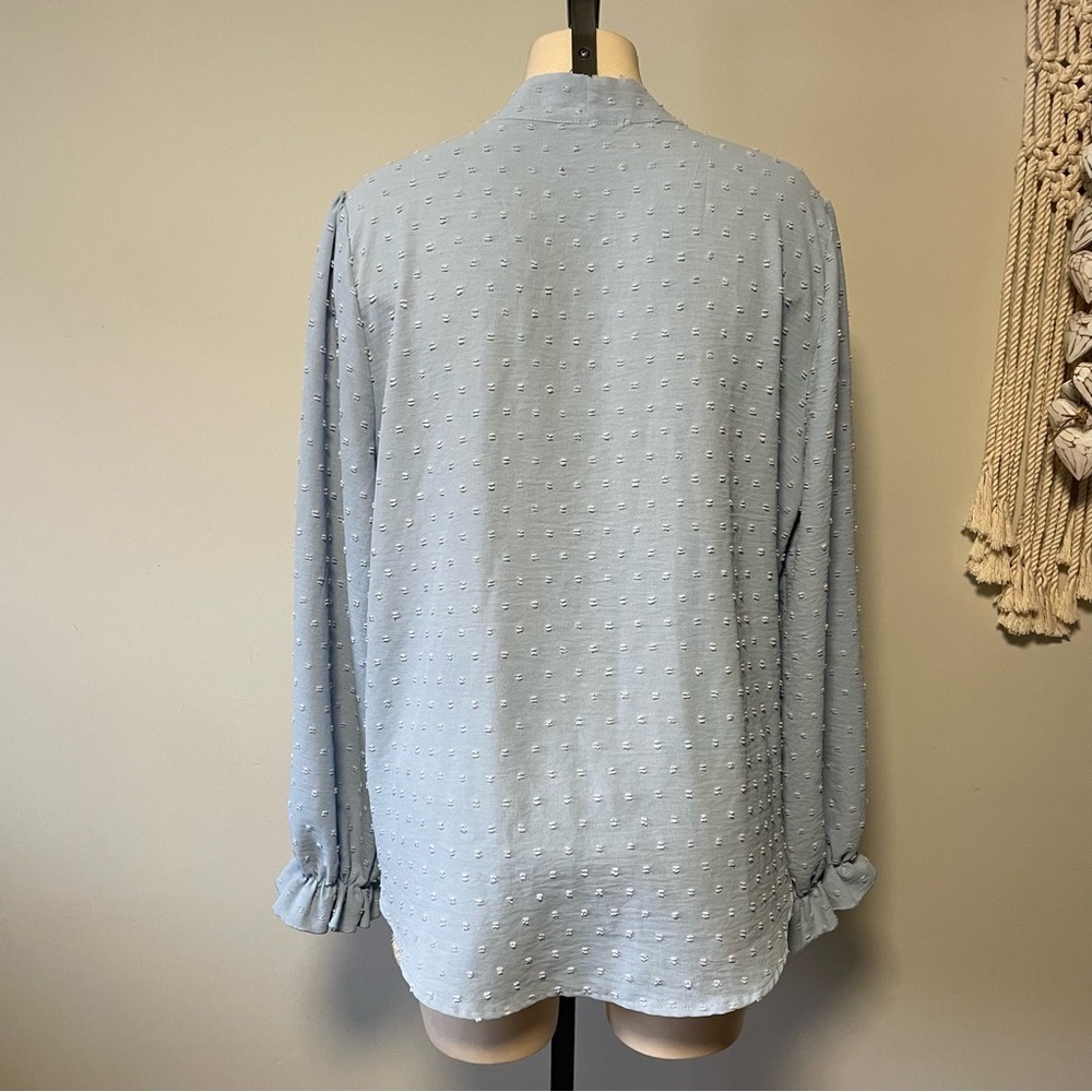 Acevog Swiss Dot Tie Neck Pussybow Button Down Blouse Top Blue Ruffled Size XL - Picture 2 of 6